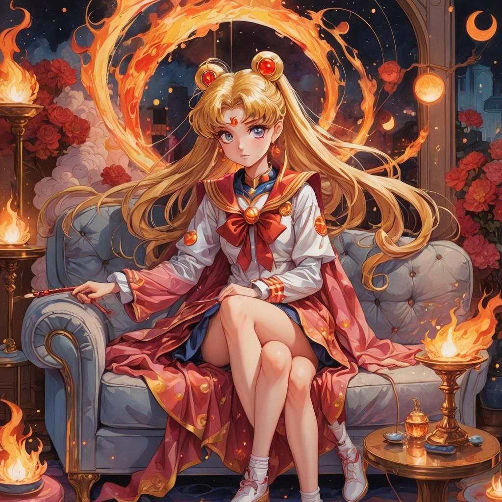 Sailor Moon's Cozy Evening in a Fantastical Anime Style