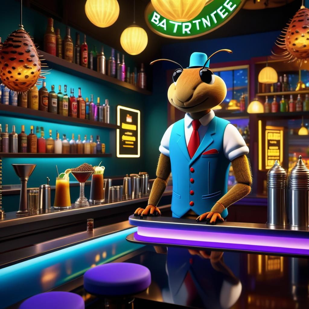 Termite Bartender in Dreamy Hypermaximalist Cafe