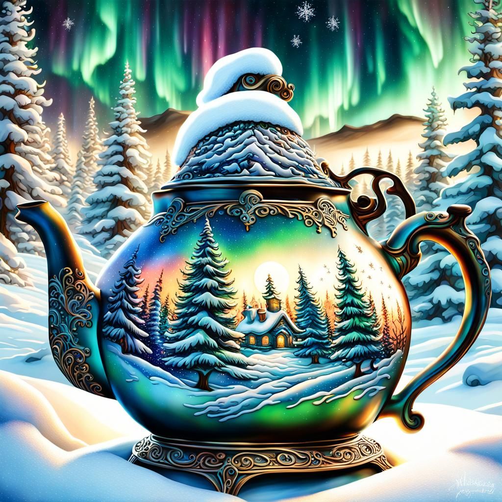 Ornate Teapot with Santa and Northern Lights