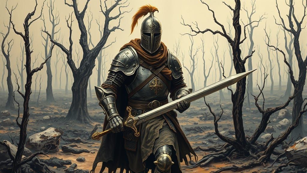 Medieval Knight in Burnt Wasteland, Gritty Art