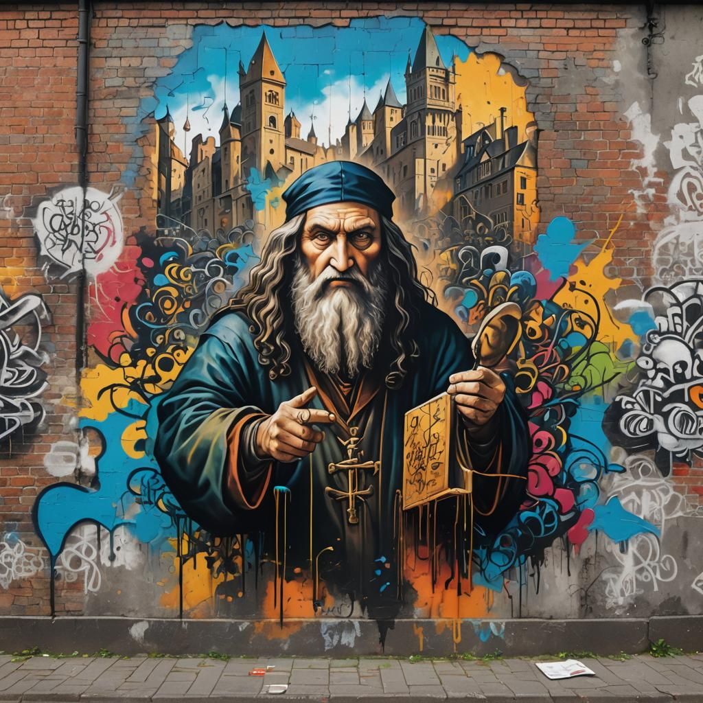 Leonardo da Vinci as Hyperrealistic Graffiti Artist
