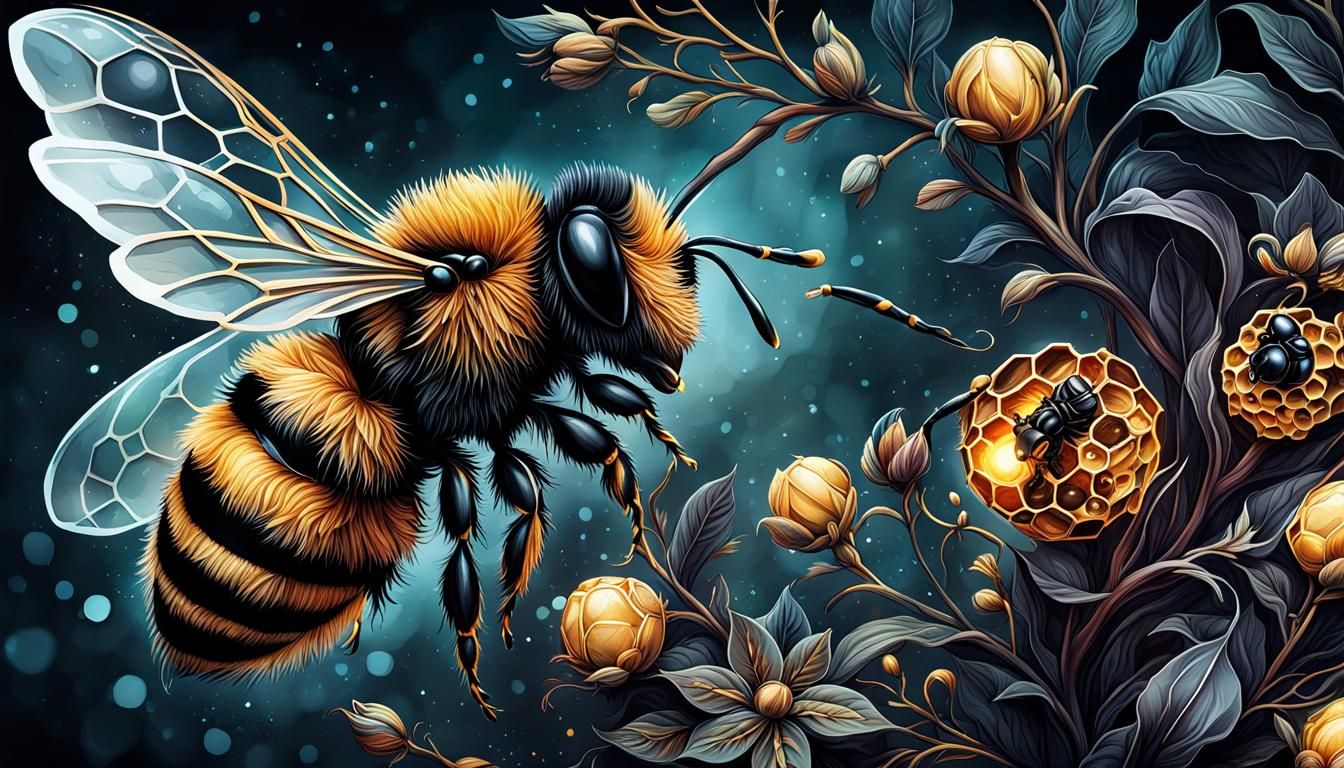 Hyperrealistic Bee Inside a Honeycomb Nest