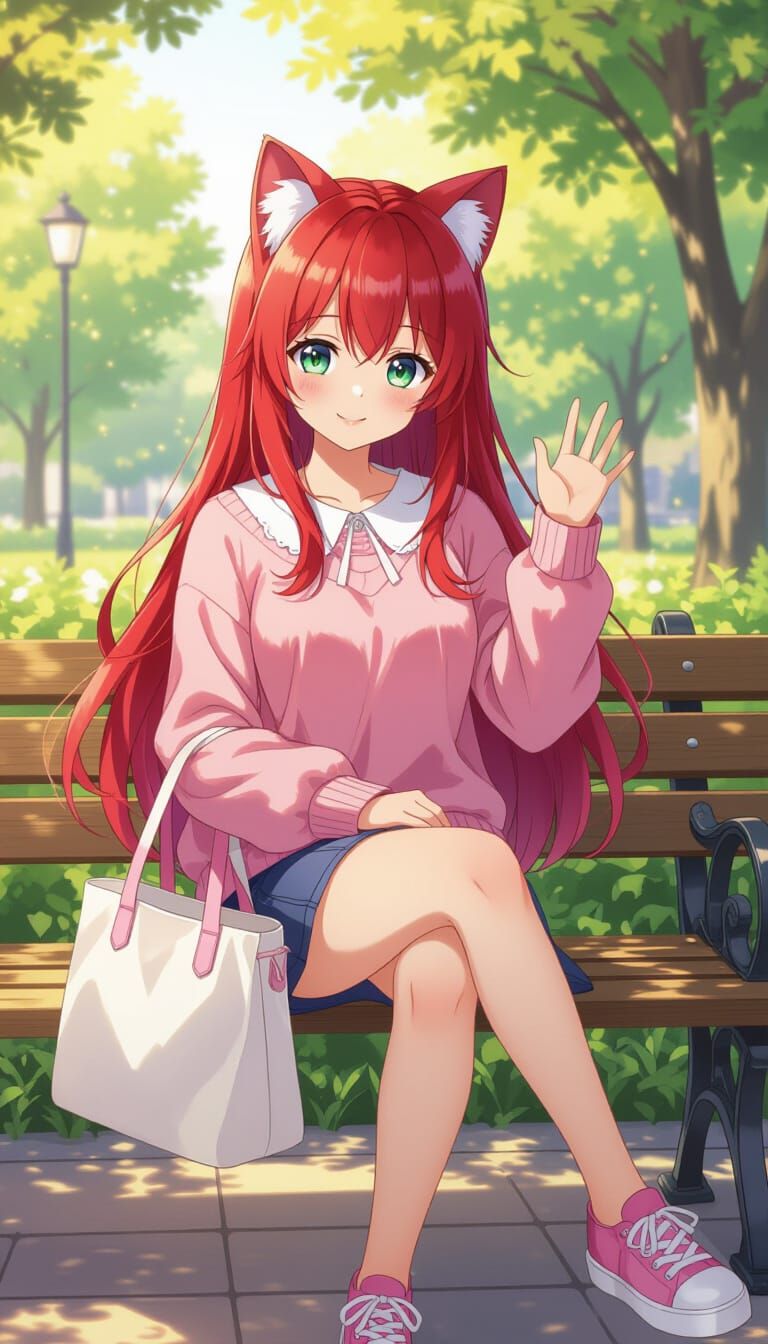 Cute Anime Girl in Park with Pink Sweater