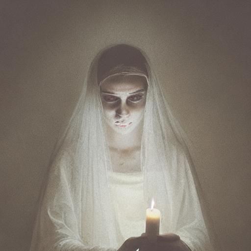Eerie Woman in White Veil with Candles