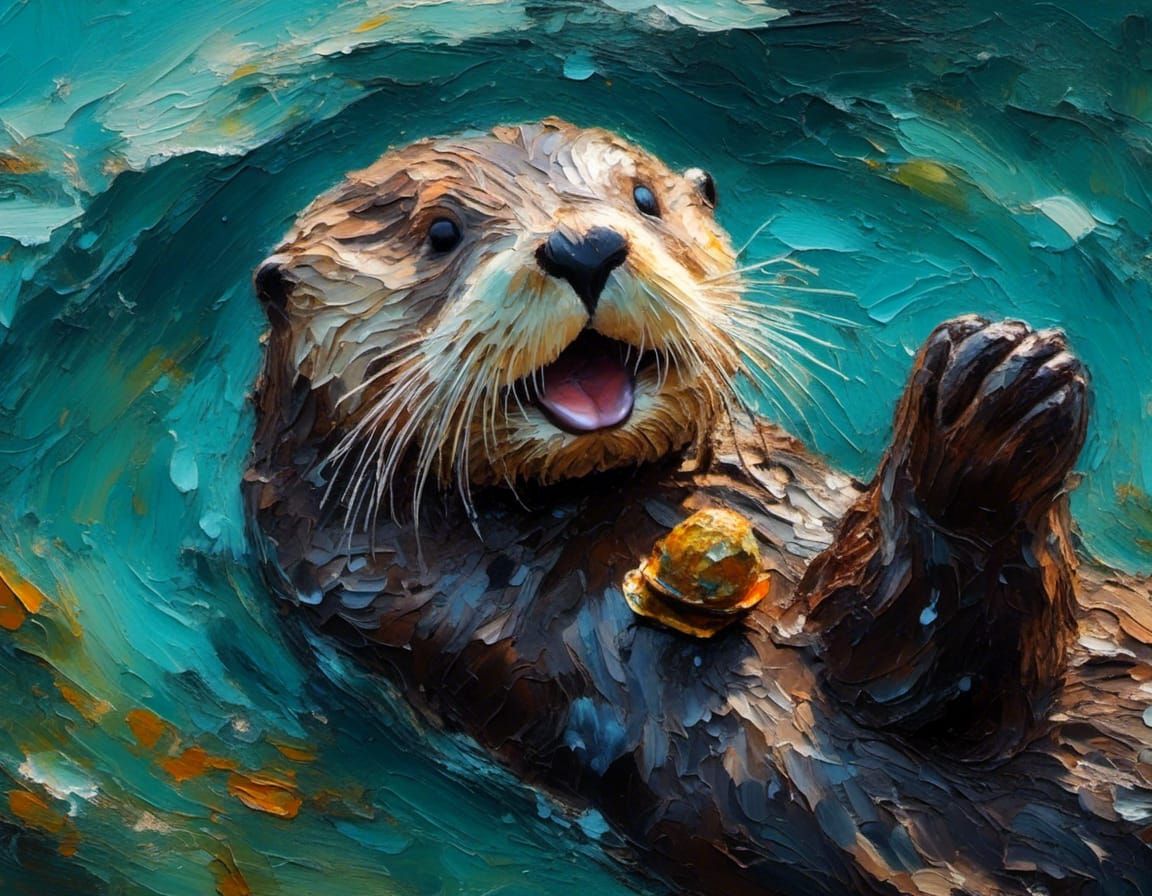 Smiling Sea Otter with Clam: Impasto Oil Painting