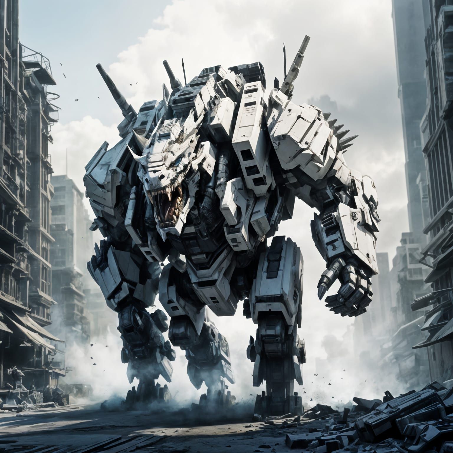 Majestic White Armored Cyborg Beast Roaring in Dystopia