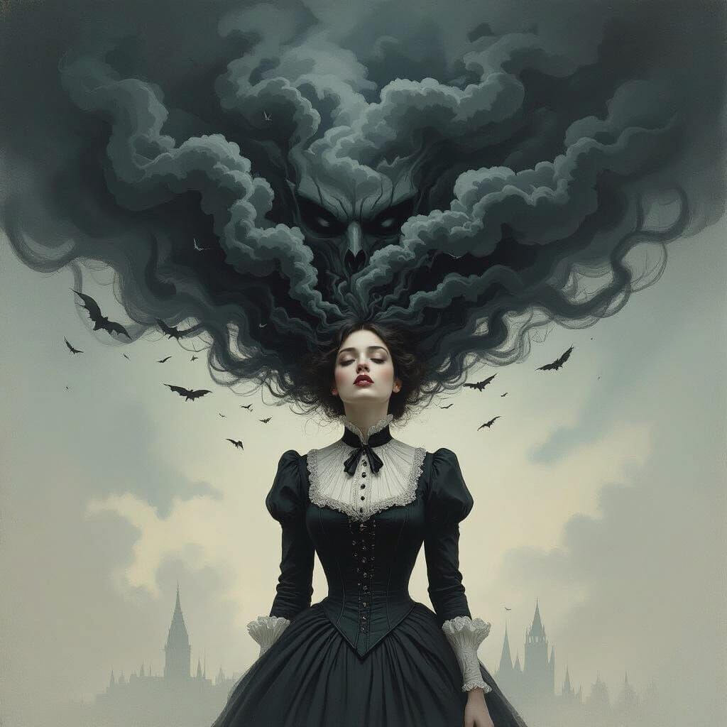 Distressed Woman Surrounded by Ominous Clouds