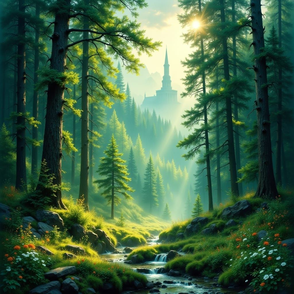 Emerald Forest Landscape with Ethereal Sunlight
