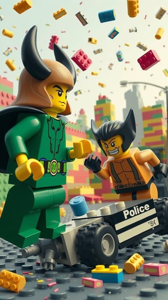 LEGO Characters Engage in Fantasy Battle Amidst City Ruins