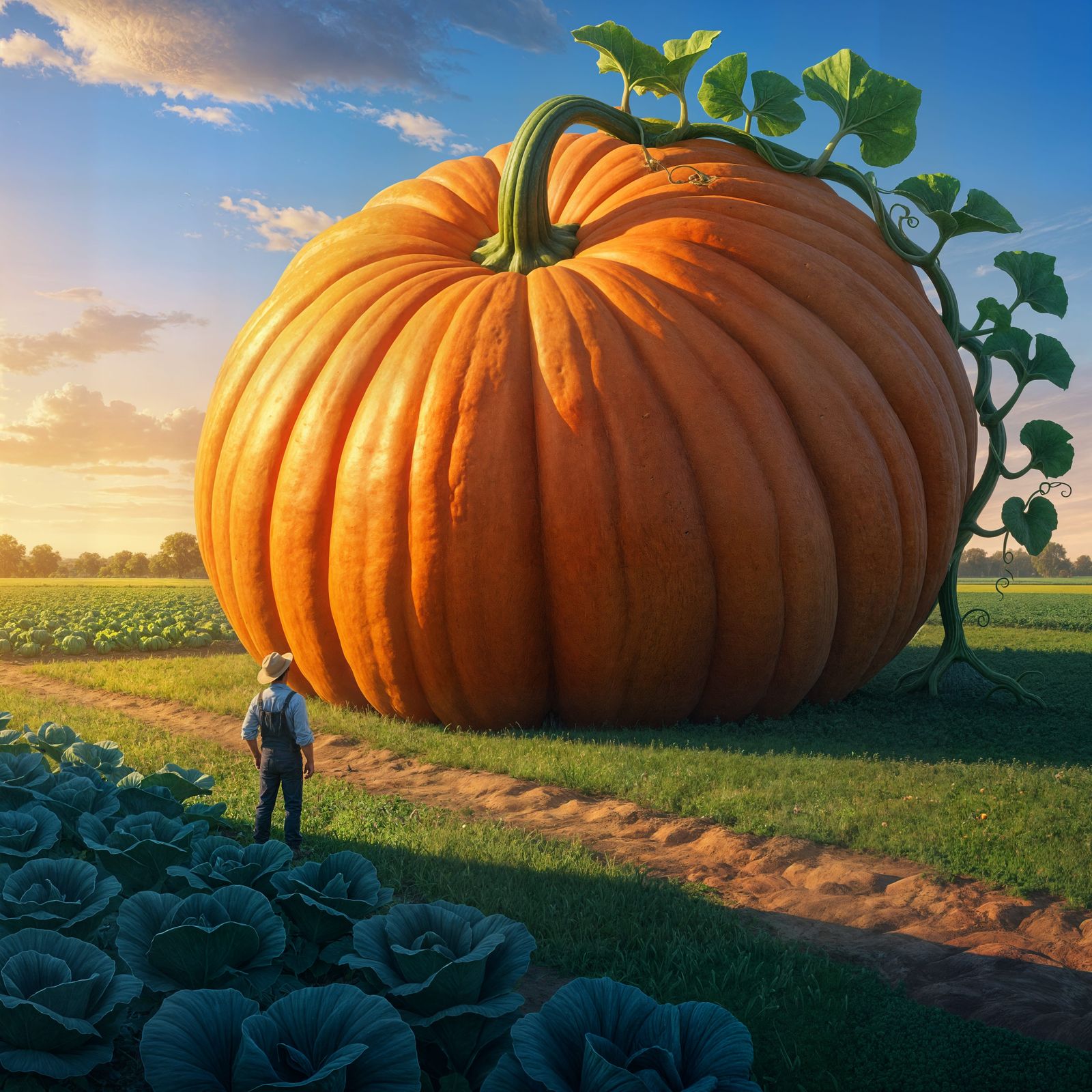 Giant Pumpkin Farmer in Golden Hour Hyperrealism
