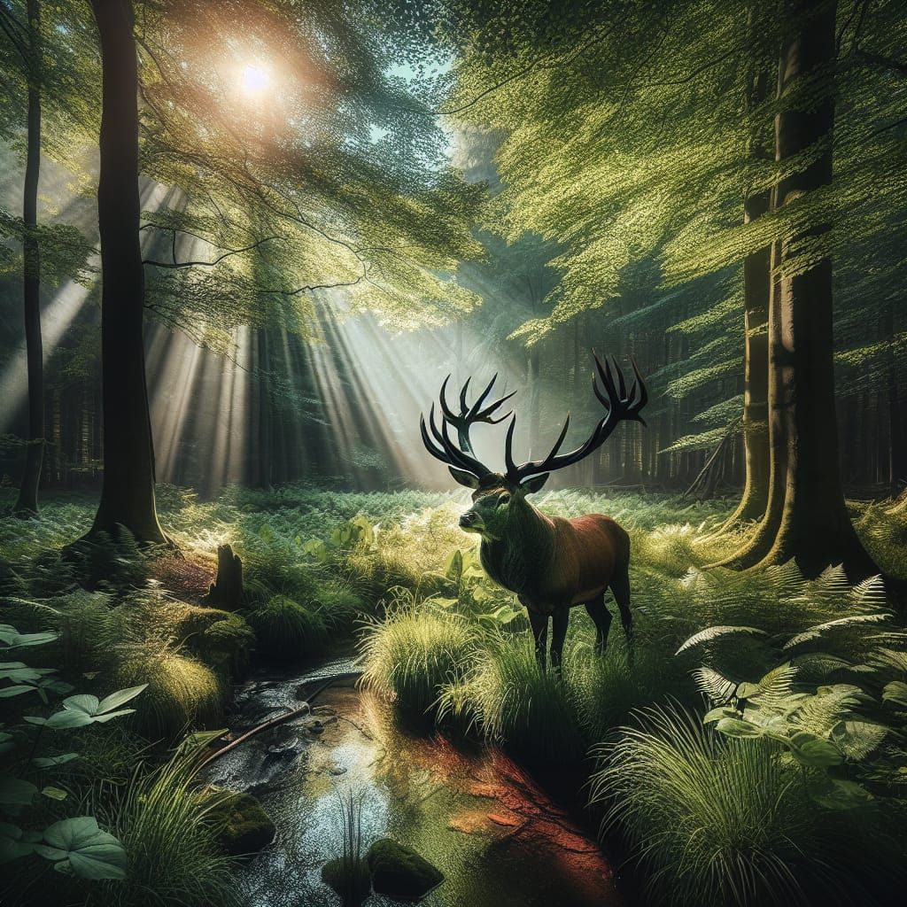 Majestic Animal with Antlers in Forest Glade