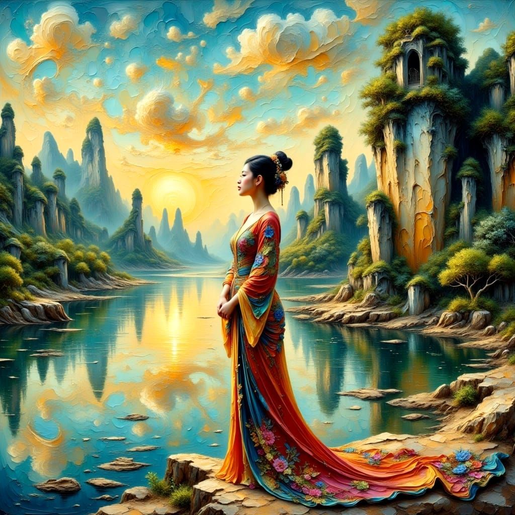 Guilin China's Li River in Impasto Style