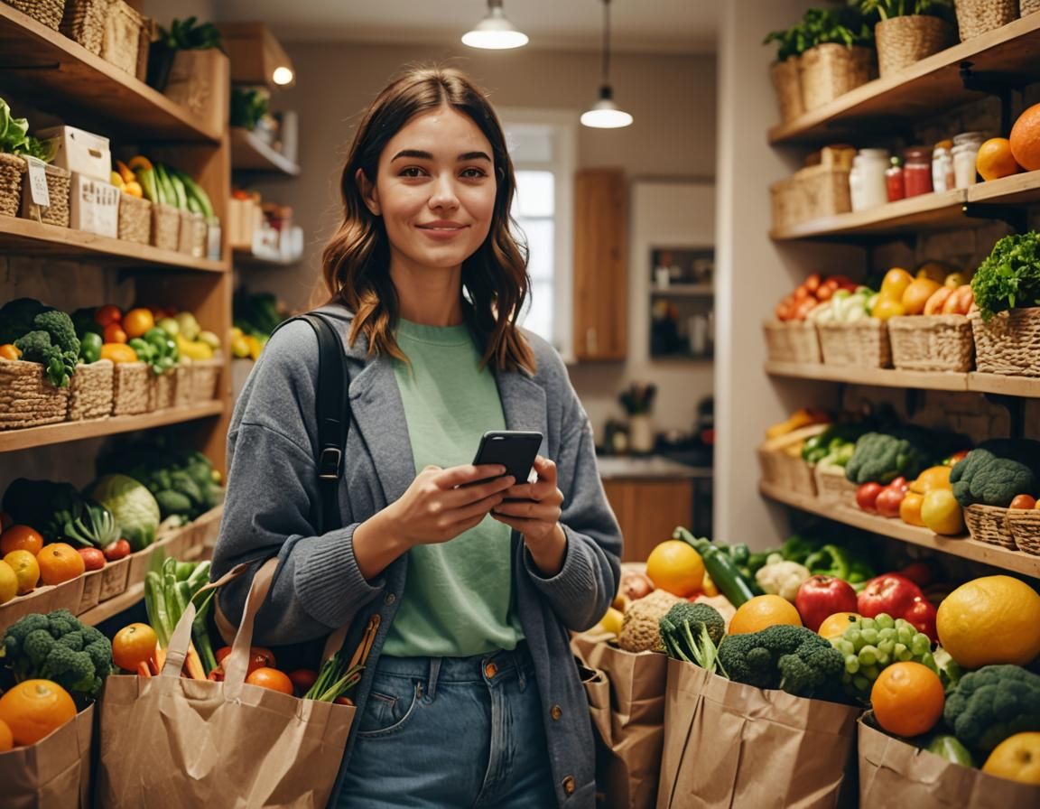 Cozy Home Scene: Girl with Groceries and Smartphone
