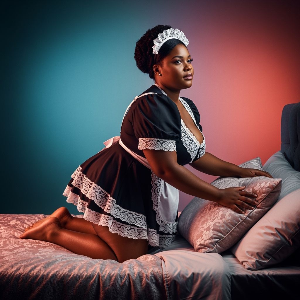 Black Woman in French Maid Outfit Fluffing Pillows