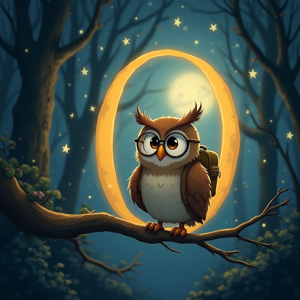 Cartoon Owl in Moonlit Forest, Animated Style