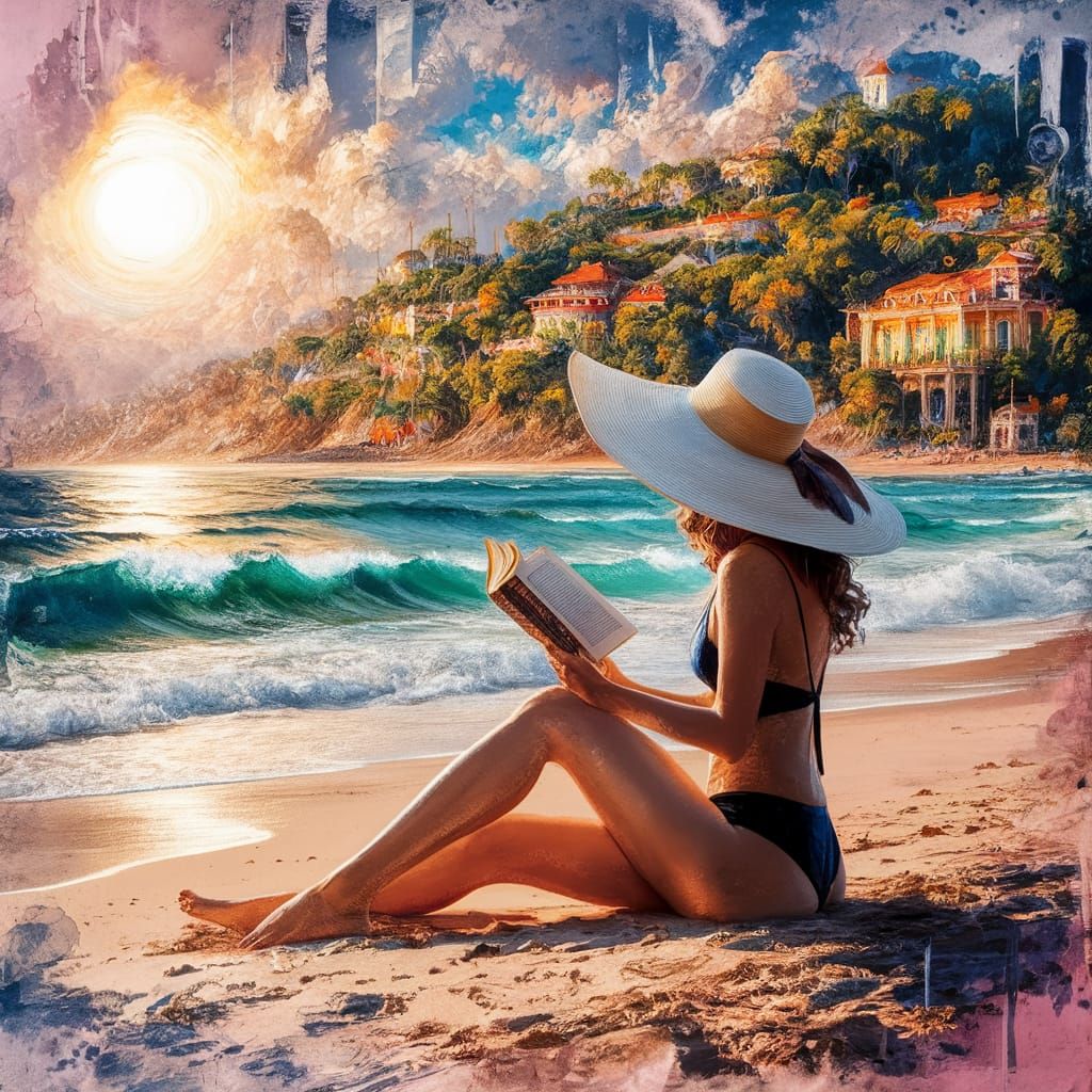 Beach Reader in Gouache Style Impressionist Painting