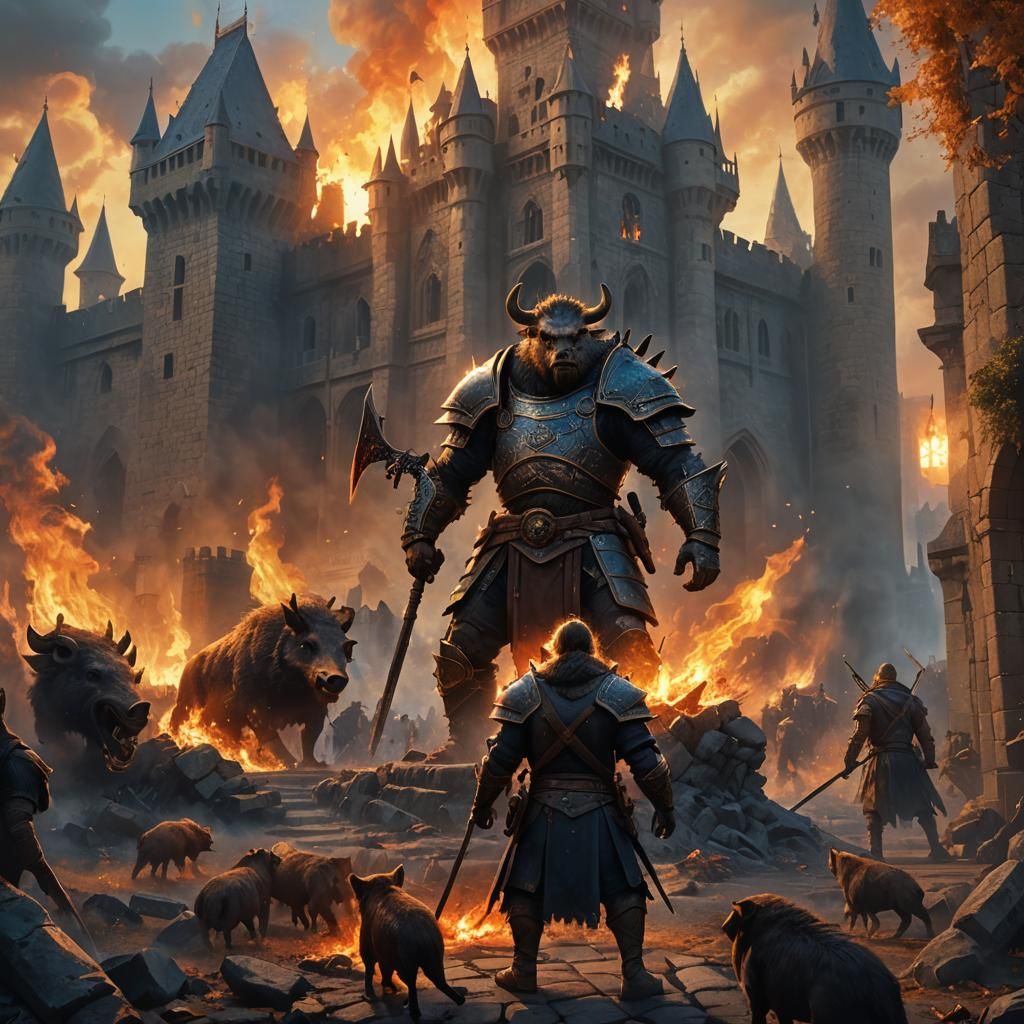 Boar Warrior Stands Before Burning Castle