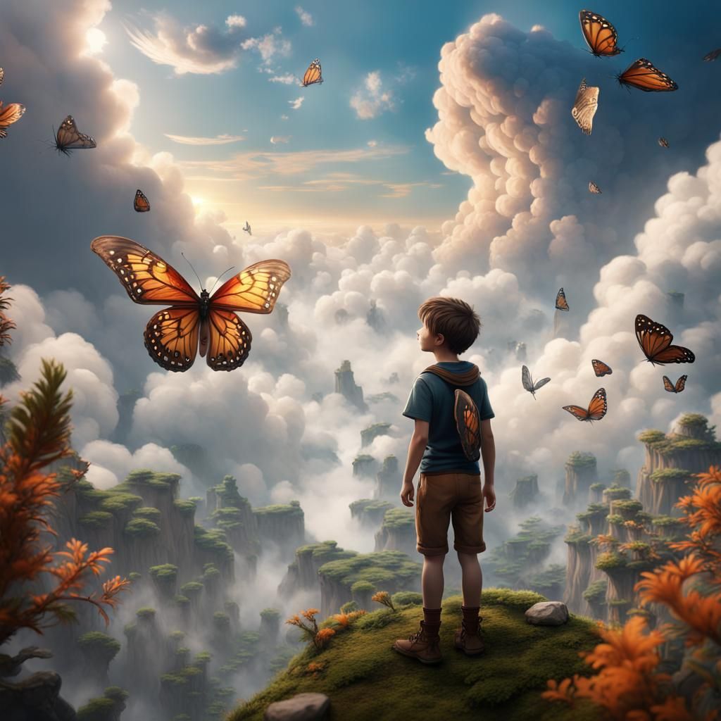 Boy with Butterfly Wings Soaring in Fantasy World