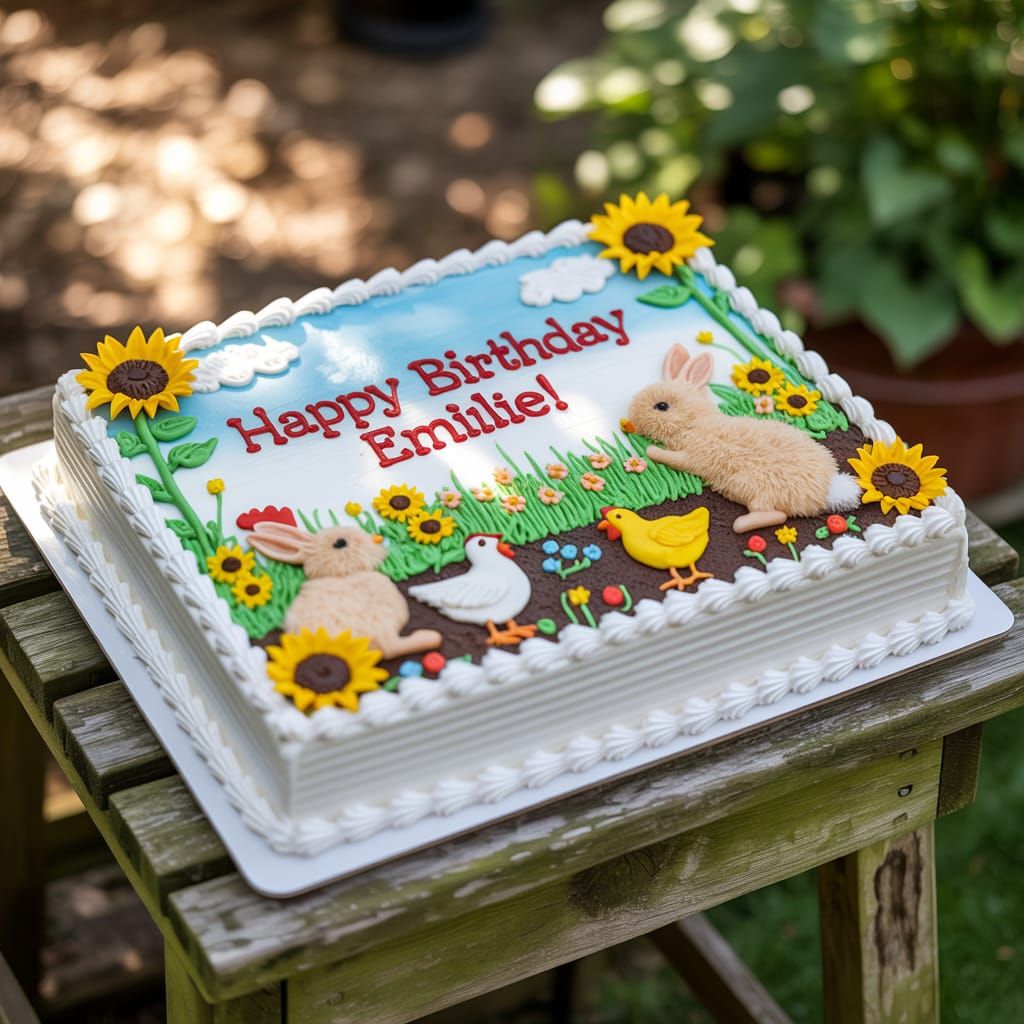 Whimsical Garden Birthday Cake with Chickens and Rabbits