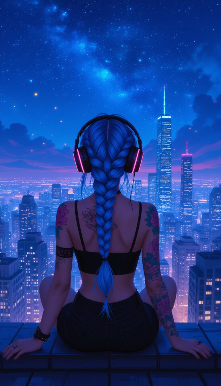 Boho-Gothic Woman Gazing at Luminescent Night City