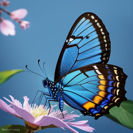 Blue Morpho Butterfly with Cherry Blossoms, Macrophotography