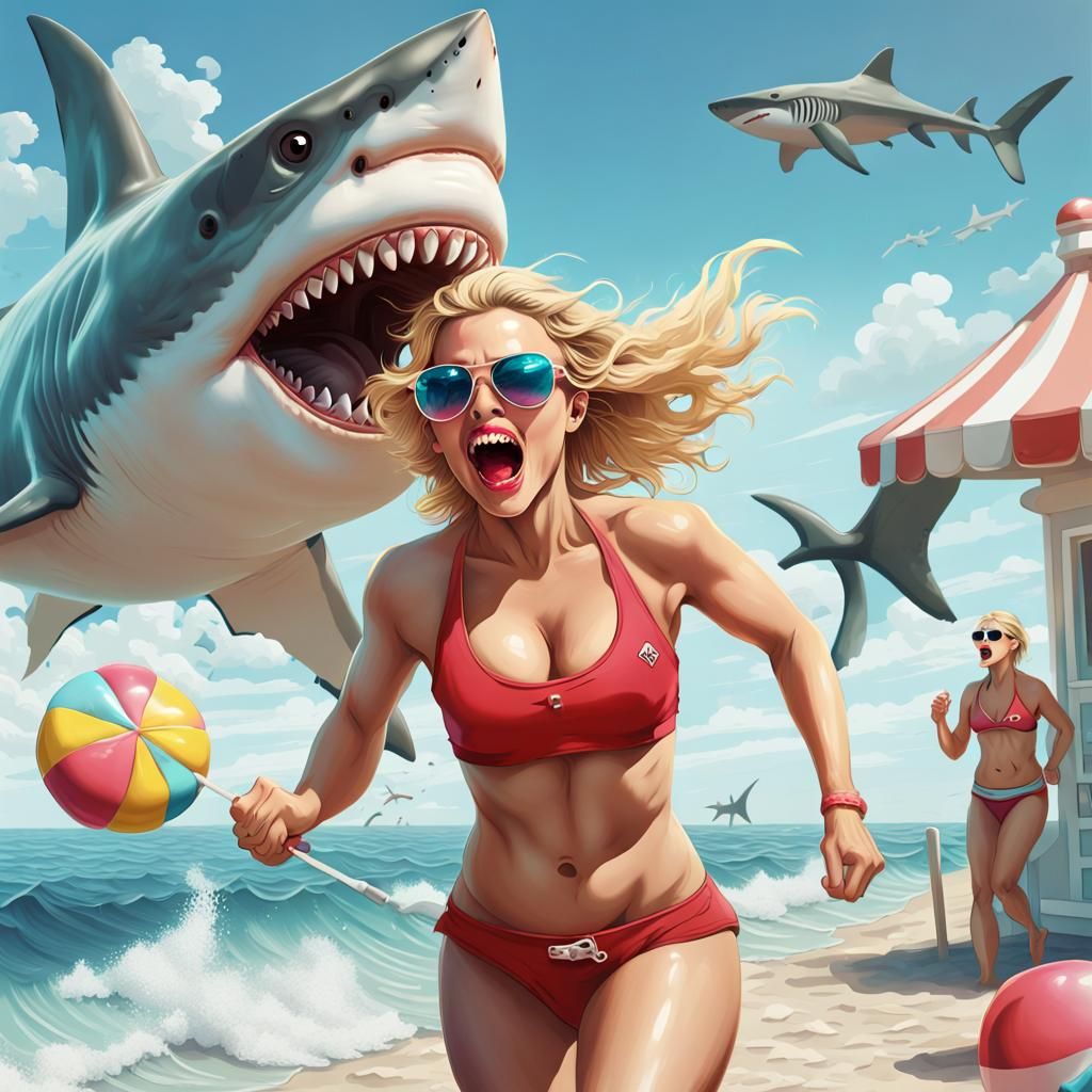 Lifeguard and Shark in Candy Art Style