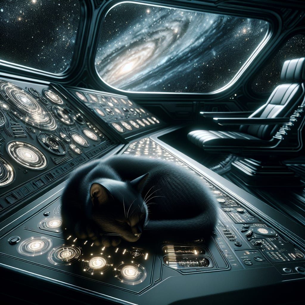 Black Cat Napping on Spaceship Control Panel