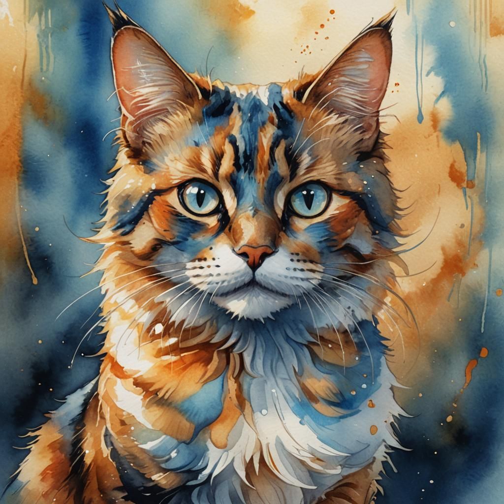 Whimsical Calico Cat Portrait in Watercolor Style