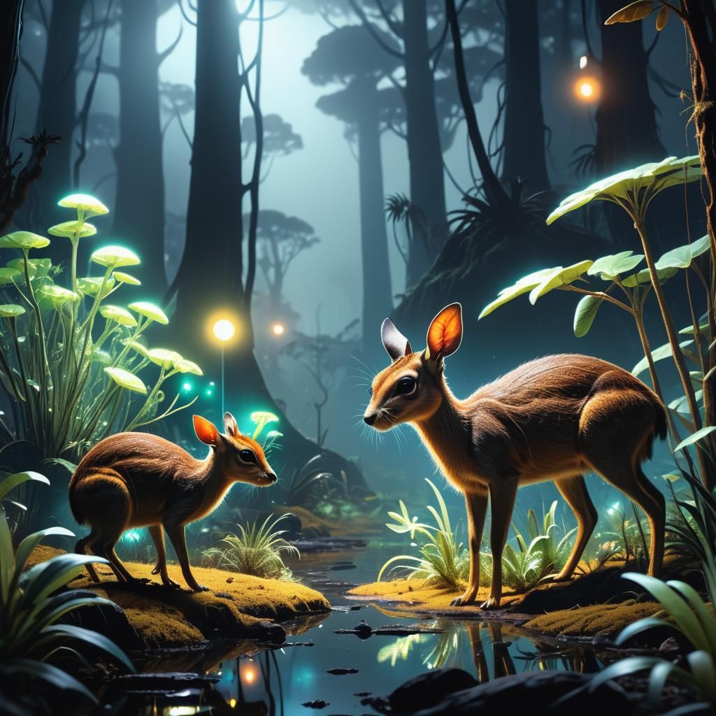 Alien Creature Inspects Bioluminescent Plant in Misty Forest