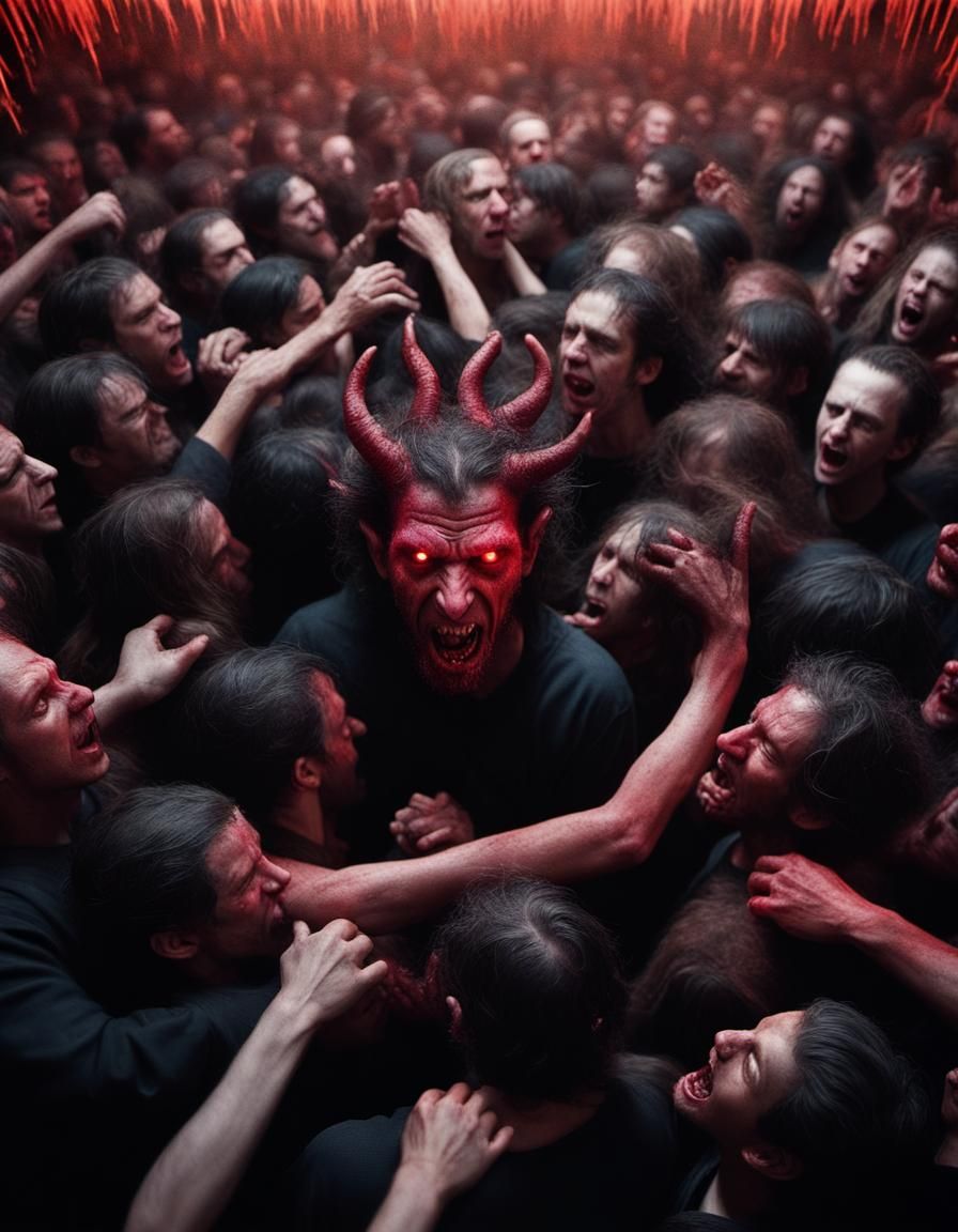 64 megapixels/ bokeh/ Dan Witz;
"Satan inside a mosh pit. 
Taking souls with every hoof stomp."
 color corrected,gothic ...