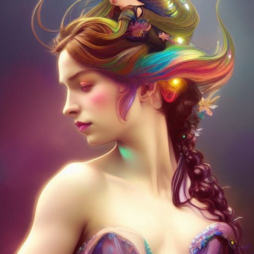 Rainbow Victorian Fairy Portrait in Art Nouveau Style