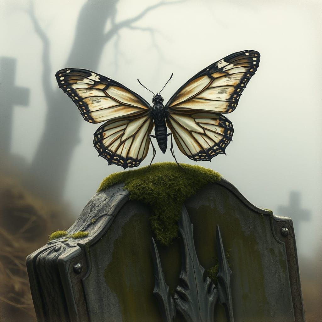 Butterfly on Tombstone in Dark Romanticism Style