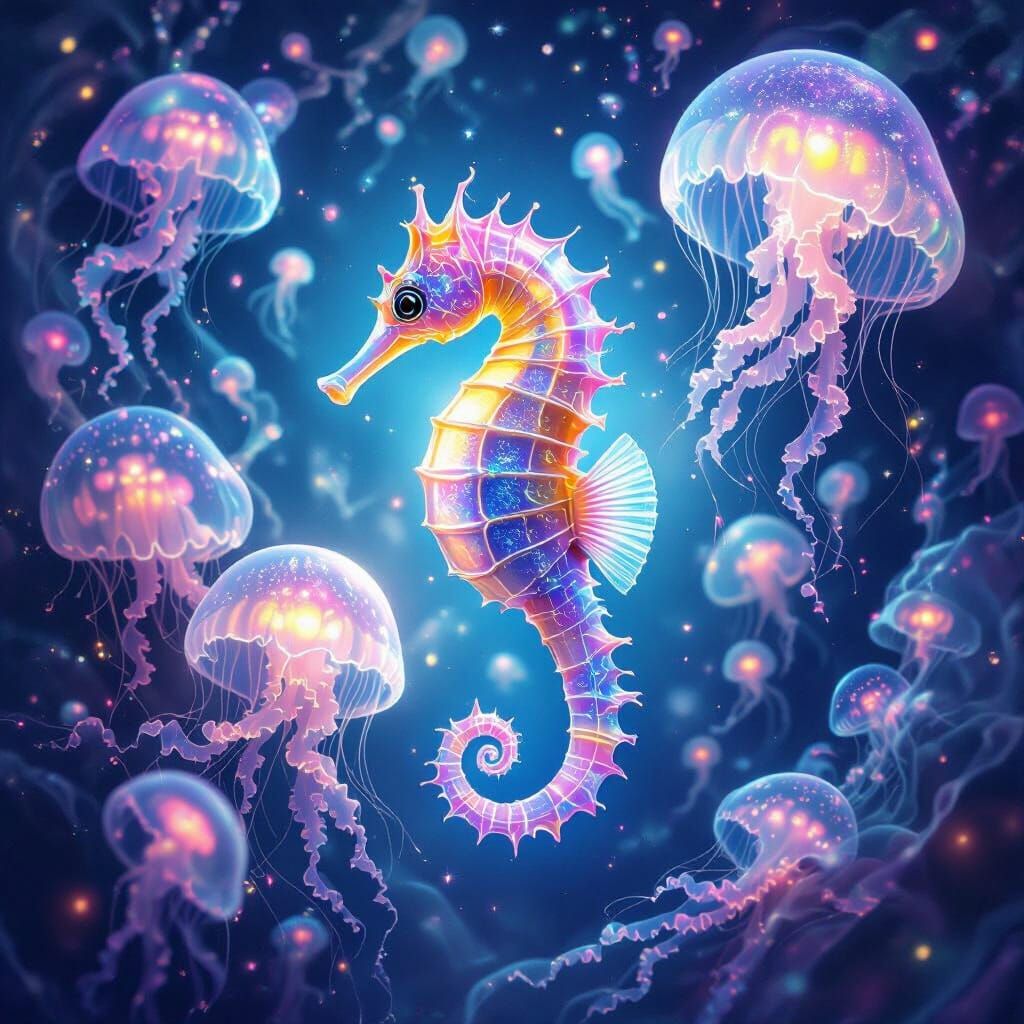 Bioluminescent Seahorse in Ethereal Jellyfish Nebula