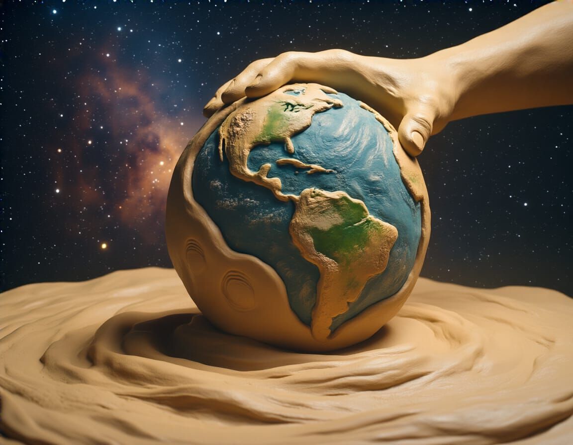 Cosmic Hand Sculpts Earth in Celestial Clay