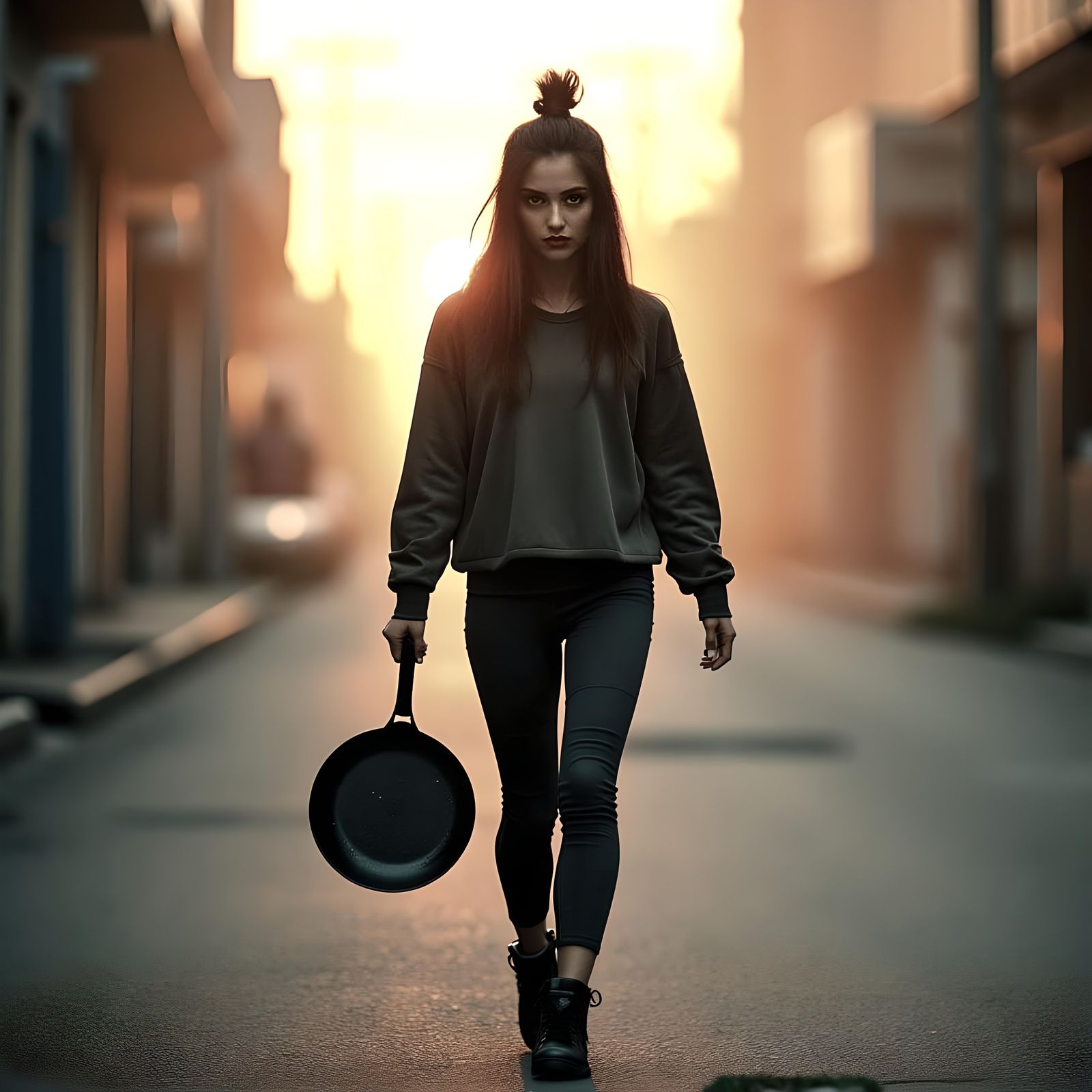 Angry Woman Chasing Liar at Dawn