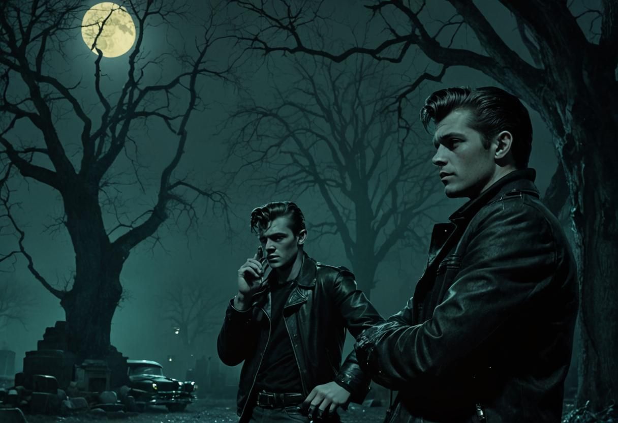 Greasers in Graveyard with 1955 Chevy: Film Noir