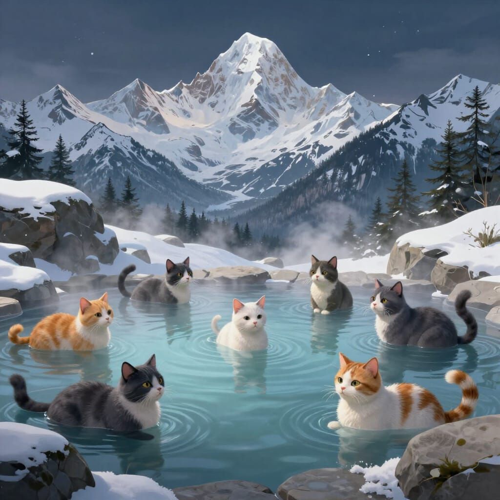 Cats Relax in Mountain Hot Spring Fantasy Art