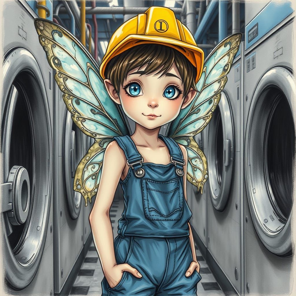 Fairy Factory Worker: Charcoal Drawing in Industrial Setting