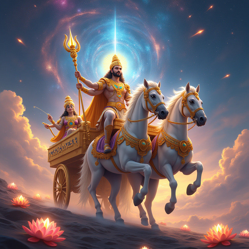 Indian Mythology Illustration: Divine Figure on Chariot