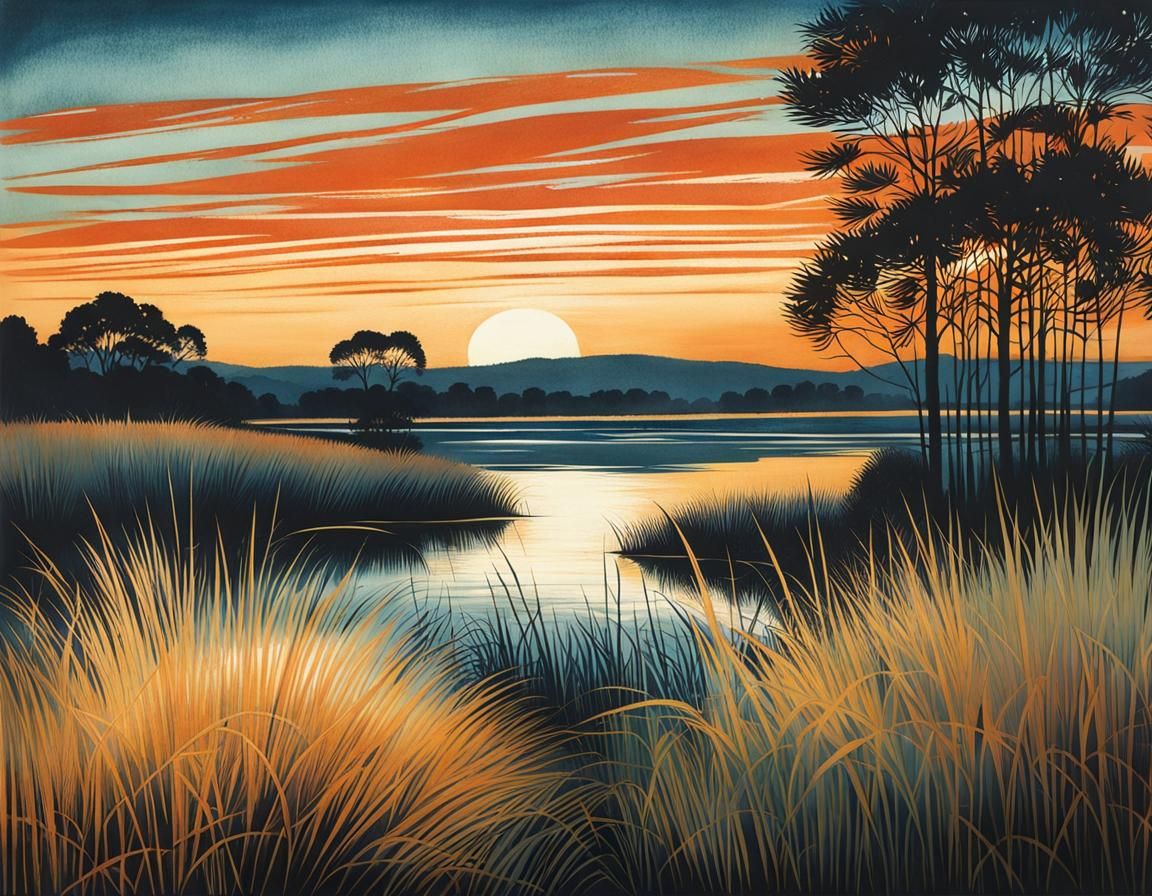 Dusk Landscape with Lake in Monotype Style