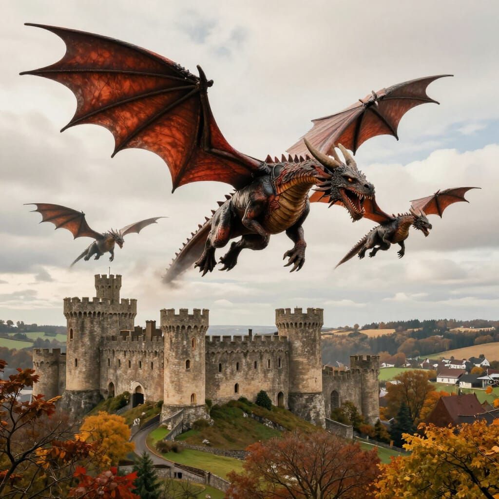 Majestic Dragons Soar Over Medieval Castle in Autumn