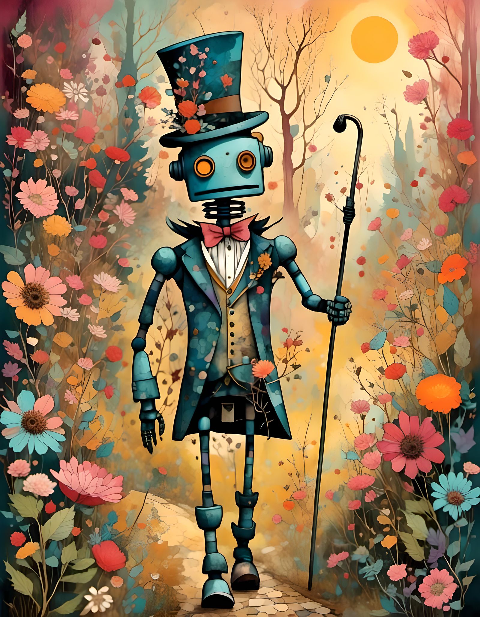 Steampunk Robot Gentleman Amid Spring Flowers