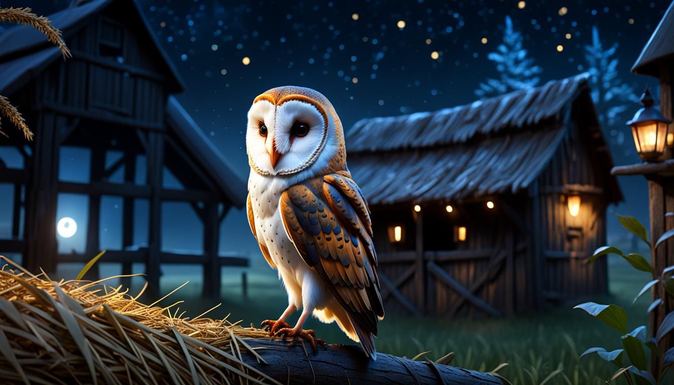 Barn Owl Night Scene in Detailed Matte Painting