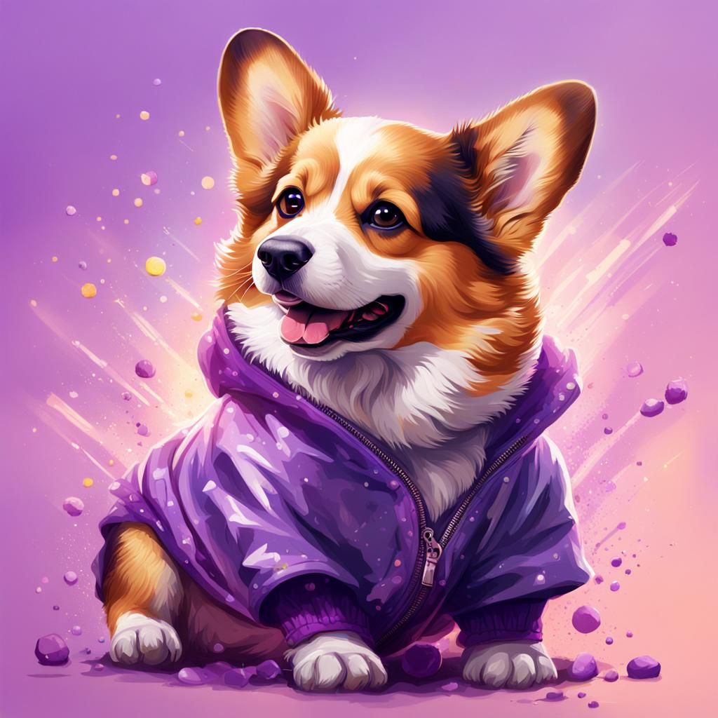 Cute corgi wearing a purple jacket