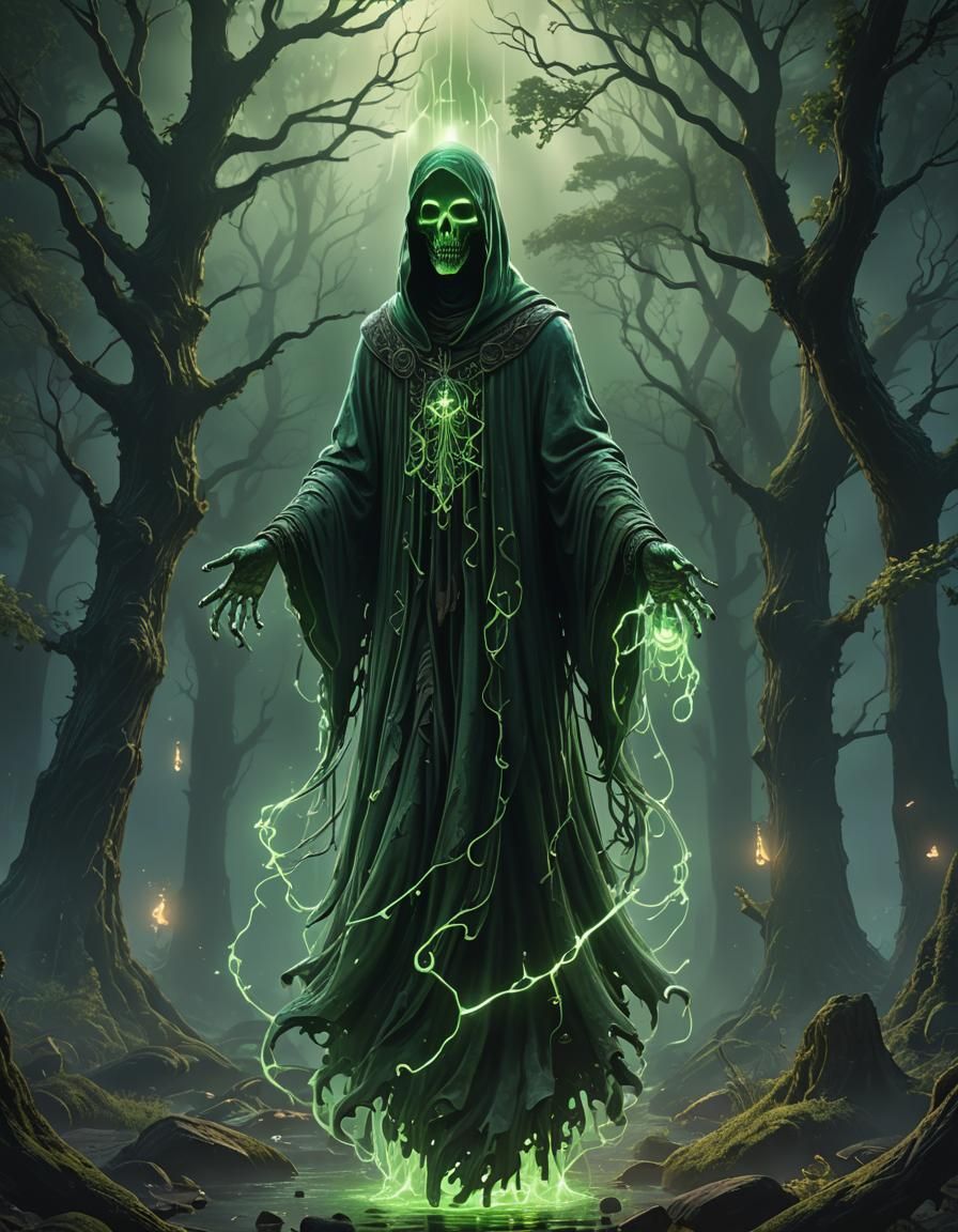 a green glowing ghoast with a skaloton head it floats DECENTLY above the ground without a hood