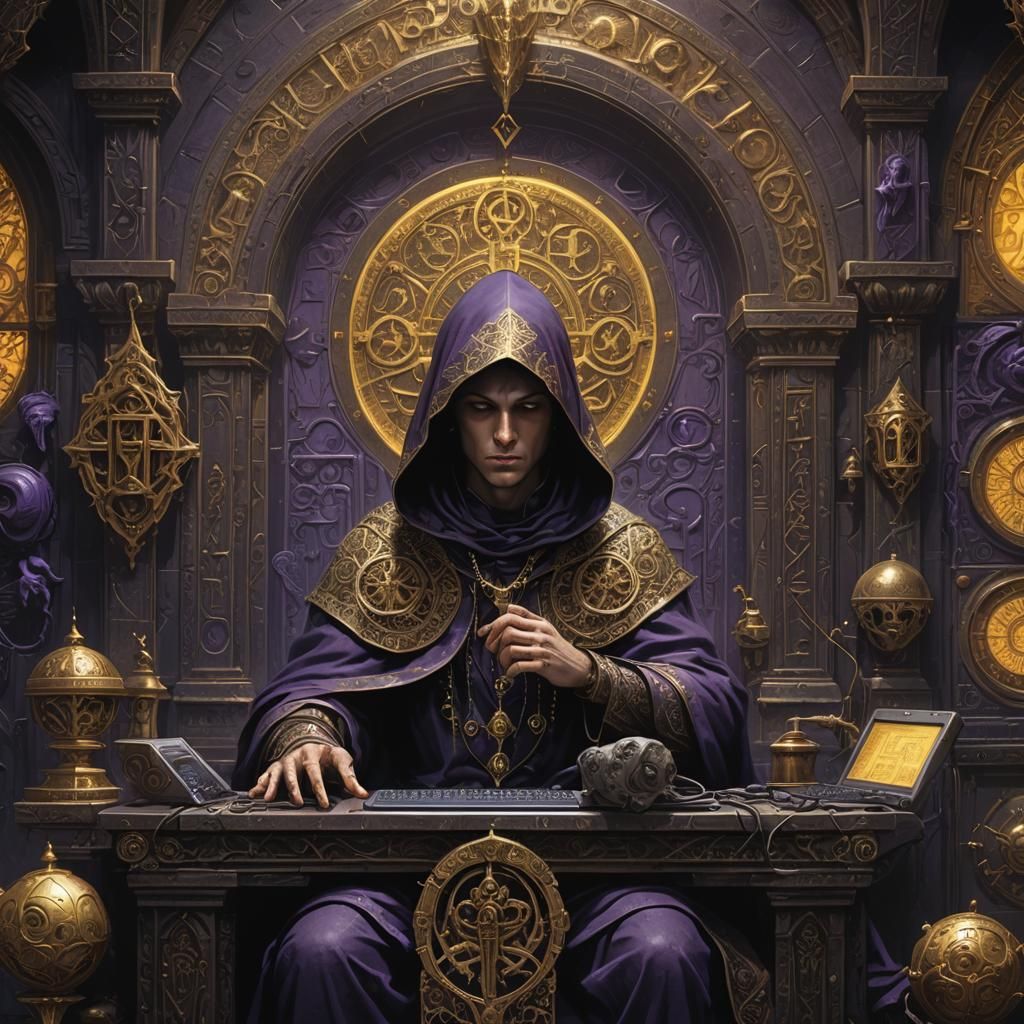 Dark Fantasy Figure at Medieval Computer Terminal