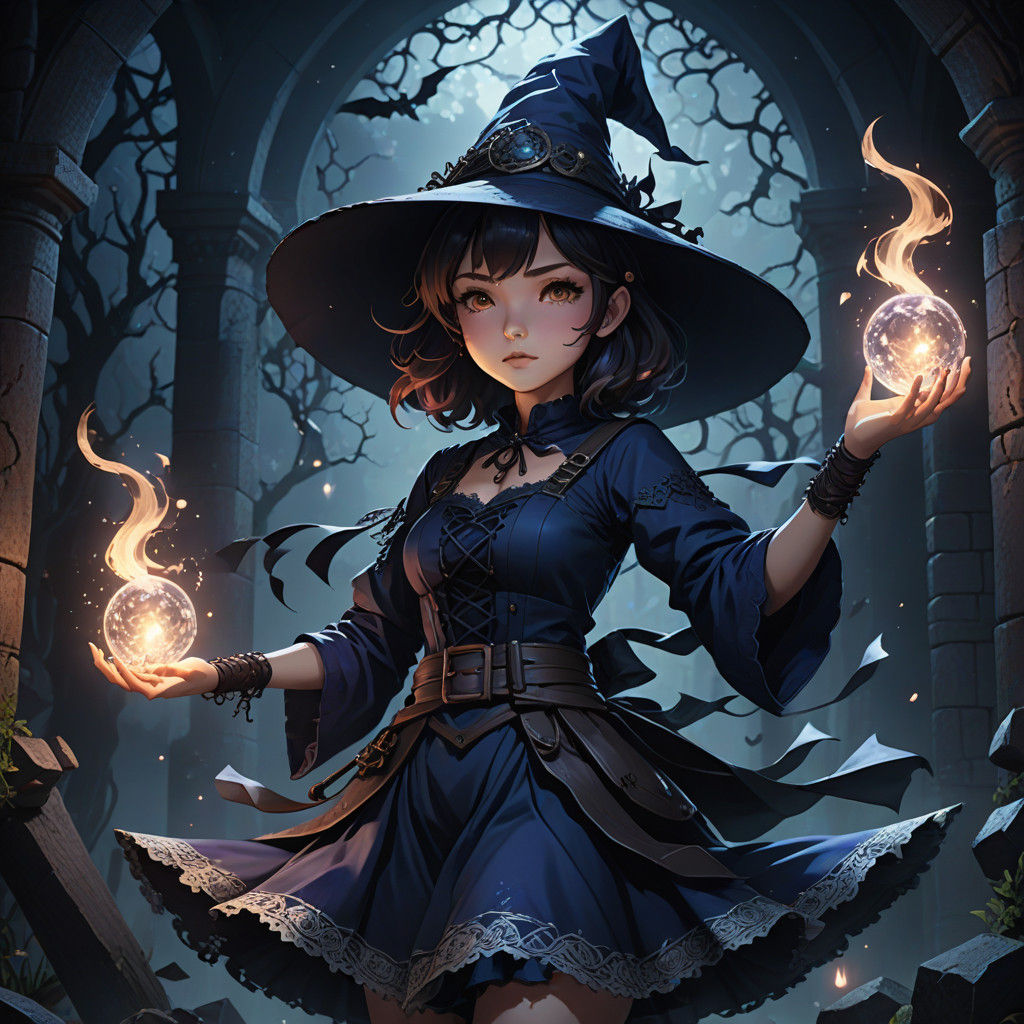 Enchanting Mexican Anime Witch in Navy Blue Regalia