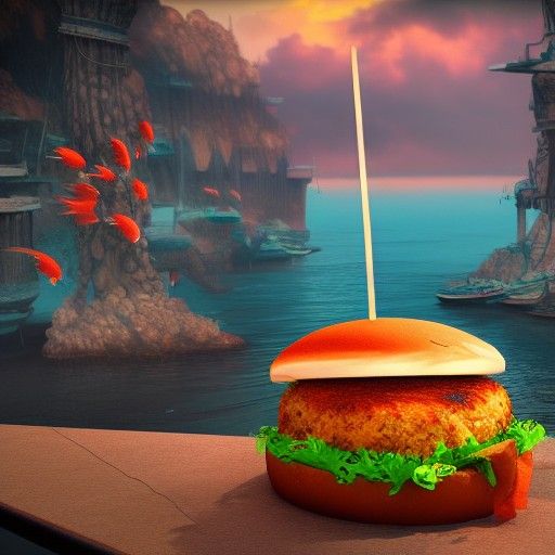 Fantastical Fish Burger in Detailed Matte Painting Style
