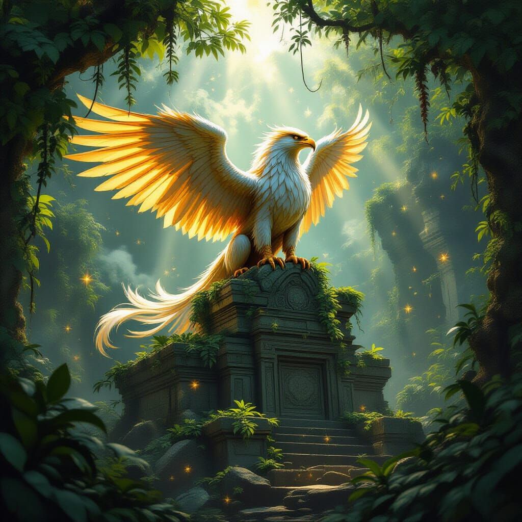 Golden Griffin Perched Atop Jungle Temple