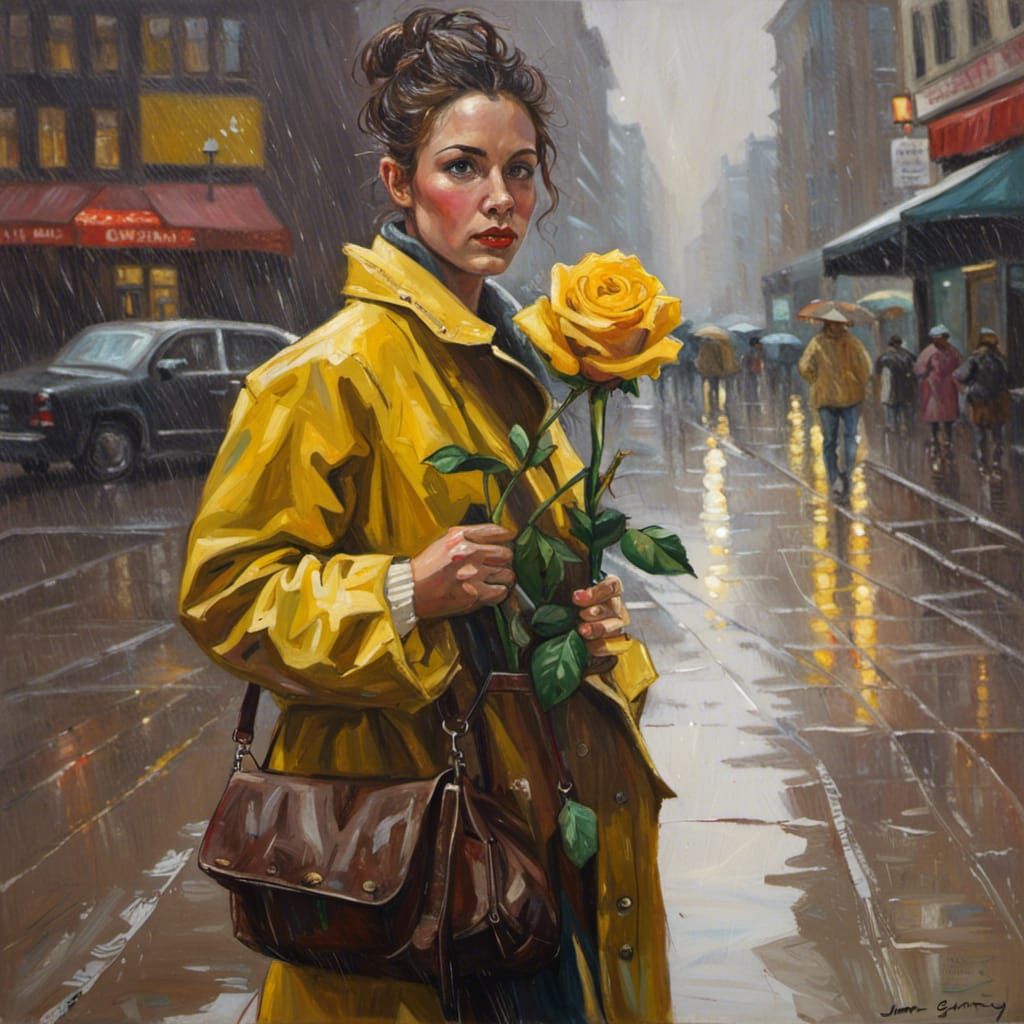 Woman in Yellow Coat Holding Rose: Oil Painting